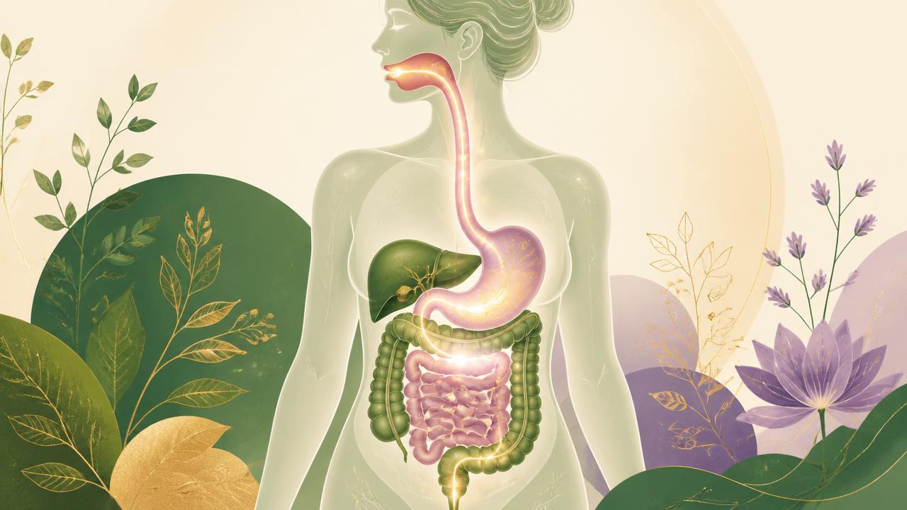 Editorial illustration of the human digestive tract showing the path food travels from the mouth through the stomach and intestines.