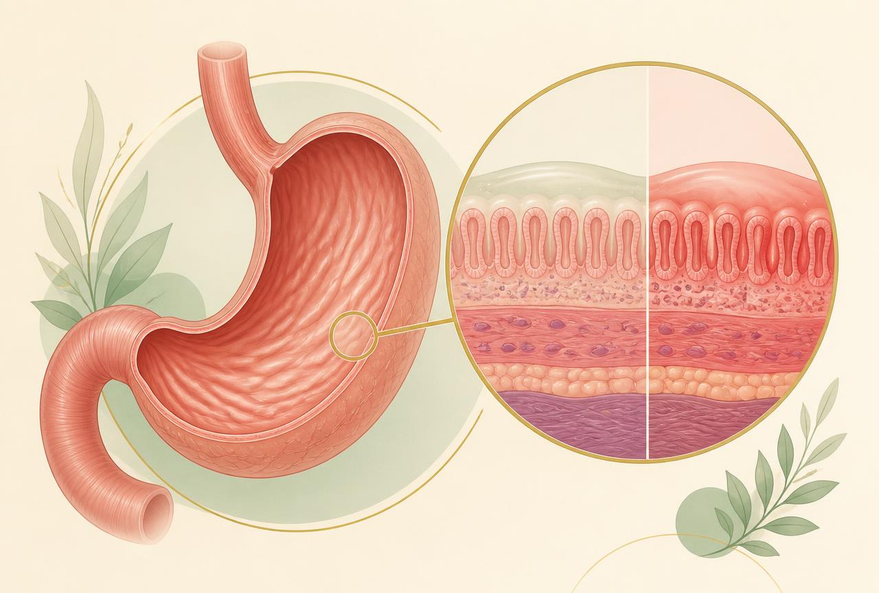 Medical illustration of a human stomach with a magnified cross-section comparing healthy stomach lining with mildly inflamed stomach lining.