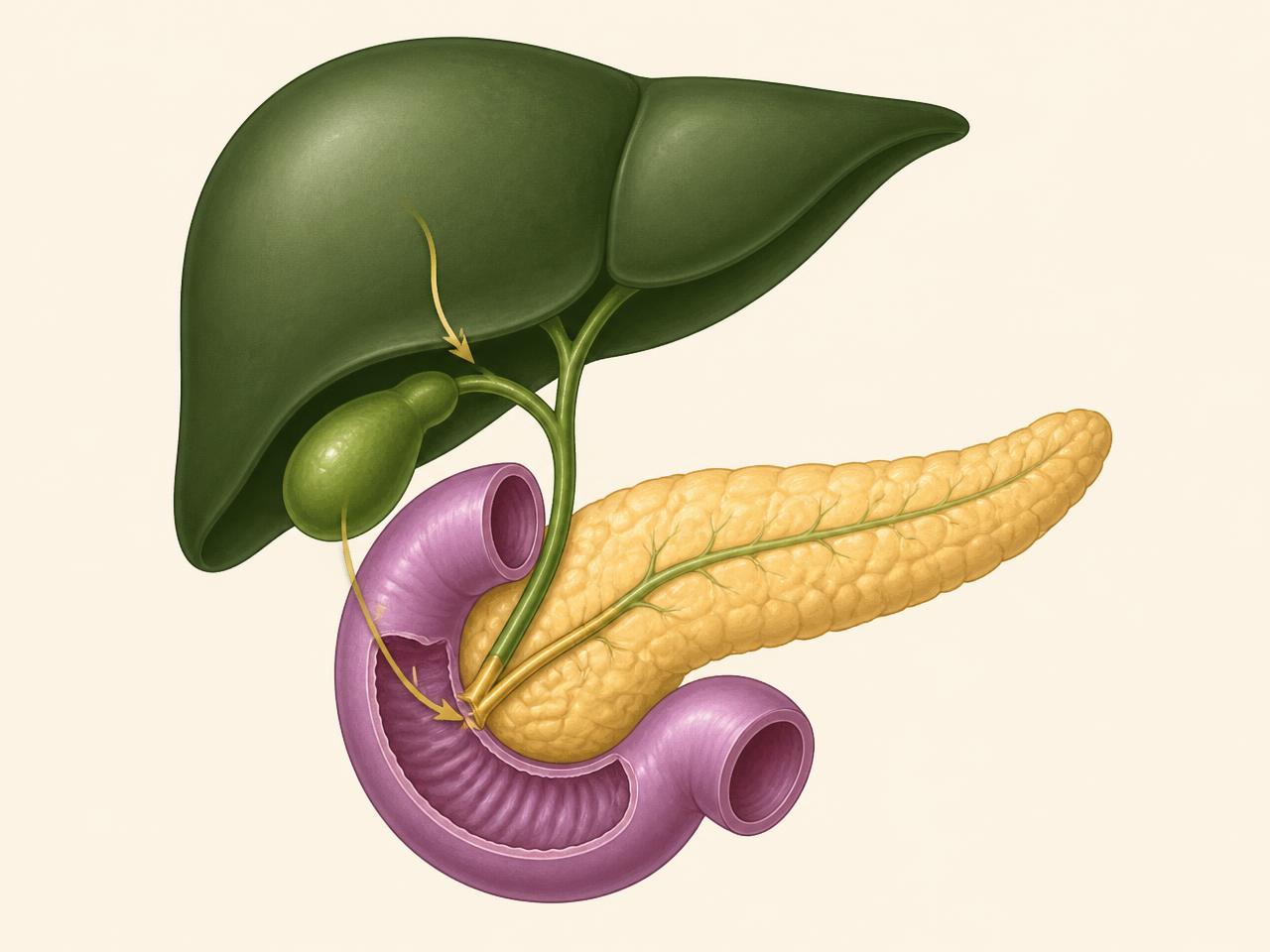 Diagram of the liver, gallbladder, pancreas and duodenum with arrows showing bile and pancreatic secretions entering the small intestine.