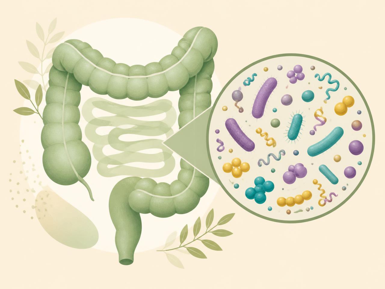 Illustration of the large intestine with a magnified view showing a diverse community of microorganisms of different shapes.